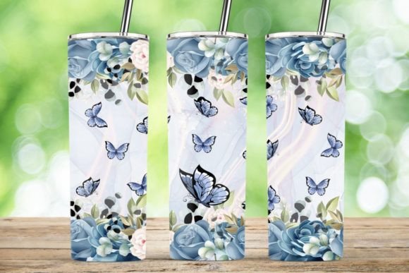 Rose Blue Flower Butterfly Tumbler Wrap